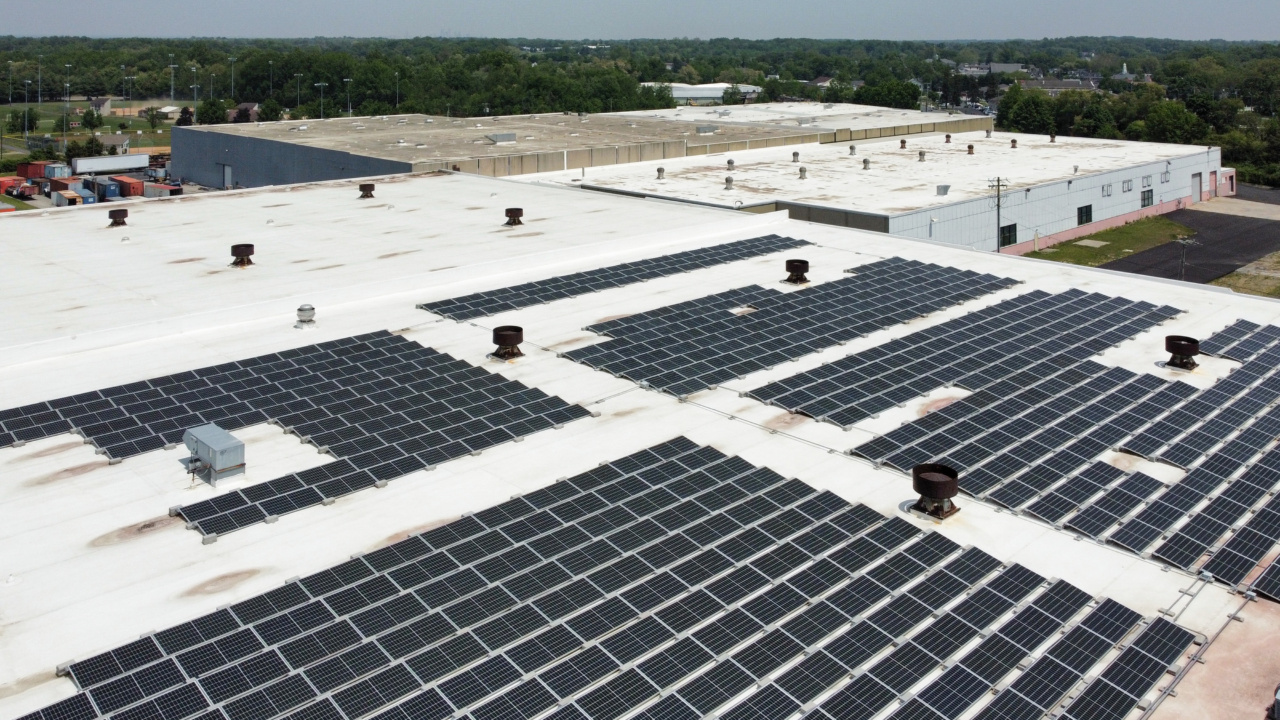 Solar panels on top of a building